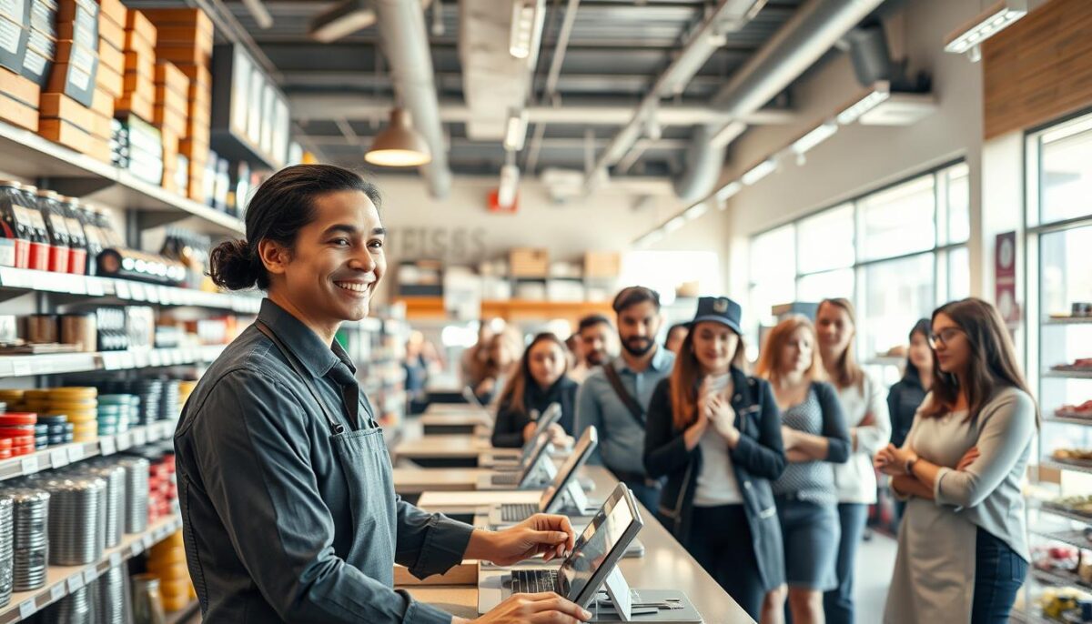 A bustling customer service counter in a modern, well-lit restaurant supply store. The foreground features a polite, attentive employee dressed in a crisp uniform, smiling and assisting a customer across the counter. In the middle ground, a line of other customers patiently wait their turn, expressions ranging from frustration to satisfied. The background showcases the store's extensive shelves stocked with a diverse array of restaurant equipment and supplies, creating a sense of abundance and variety. Warm, natural lighting filters in through large windows, casting a welcoming glow over the scene. The overall atmosphere conveys a balance of efficiency, professionalism, and customer-centric service. A bustling customer service counter in a modern, well-lit restaurant supply store. The foreground features a polite, attentive employee dressed in a crisp uniform, smiling and assisting a customer across the counter. In the middle ground, a line of other customers patiently wait their turn, expressions ranging from frustration to satisfied. The background showcases the store's extensive shelves stocked with a diverse array of restaurant equipment and supplies, creating a sense of abundance and variety. Warm, natural lighting filters in through large windows, casting a welcoming glow over the scene. The overall atmosphere conveys a balance of efficiency, professionalism, and customer-centric service.