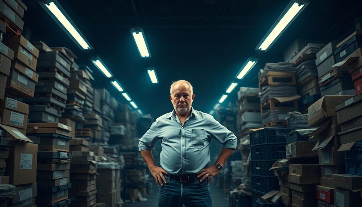 A dimly lit, cluttered warehouse interior with stacks of disorganized boxes, crates, and shelves. Harsh fluorescent lighting casts long shadows, creating a sense of chaos and frustration. In the foreground, a disgruntled restaurant owner stands amidst the disorder, hands on hips, surveying the scene with a concerned expression. The middle ground is filled with a maze of mismatched inventory, with labels and expiration dates obscured. The background is hazy, suggesting the overwhelming scale of the supply chain issues. An atmosphere of stress and uncertainty permeates the scene, reflecting the common challenges restaurateurs face with their Restaurant Depot experiences. A dimly lit, cluttered warehouse interior with stacks of disorganized boxes, crates, and shelves. Harsh fluorescent lighting casts long shadows, creating a sense of chaos and frustration. In the foreground, a disgruntled restaurant owner stands amidst the disorder, hands on hips, surveying the scene with a concerned expression. The middle ground is filled with a maze of mismatched inventory, with labels and expiration dates obscured. The background is hazy, suggesting the overwhelming scale of the supply chain issues. An atmosphere of stress and uncertainty permeates the scene, reflecting the common challenges restaurateurs face with their Restaurant Depot experiences.