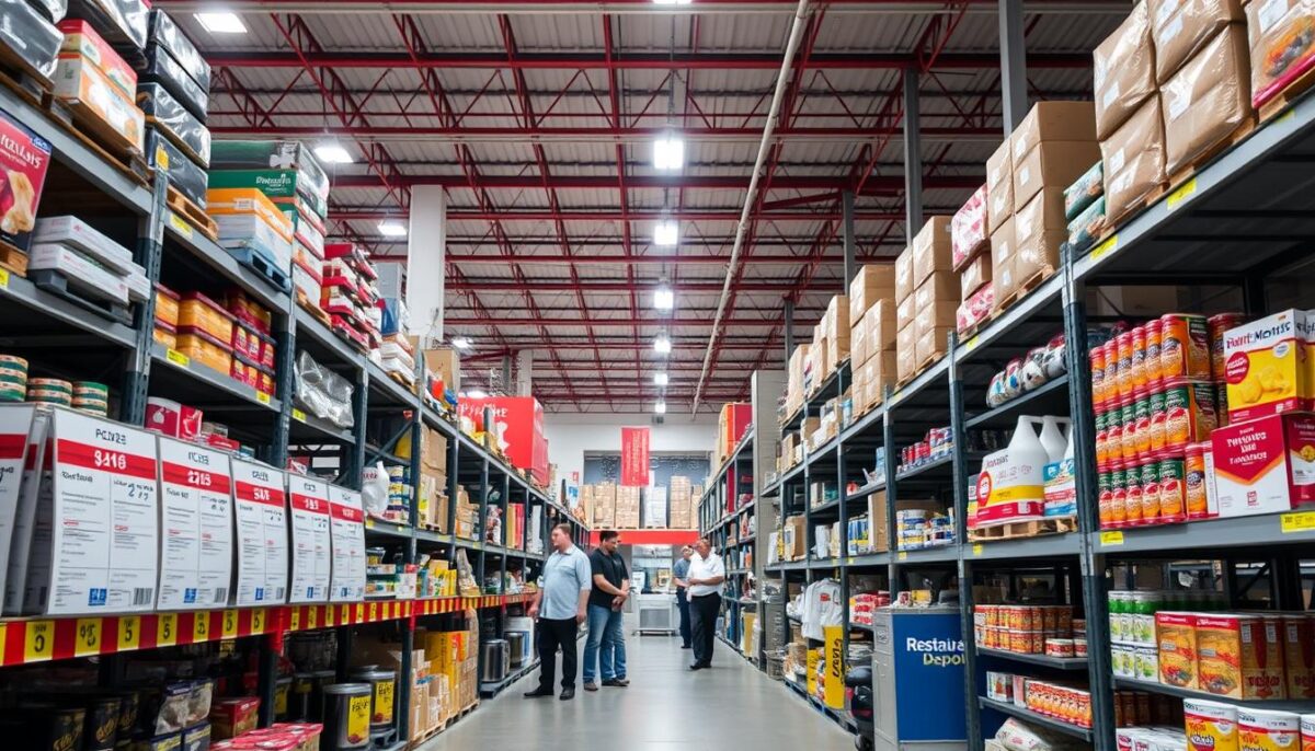 A modern, well-lit restaurant supply warehouse interior, with rows of industrial shelving stocked with an array of professional-grade kitchen equipment and ingredients. In the foreground, a focus on price tags and labels, showcasing the competitive pricing and value proposition of Restaurant Depot. The middle ground features busy customers examining products, while the background reveals the expansive scale and variety of the warehouse. The lighting is bright and even, capturing the functional, no-frills atmosphere of the establishment. The overall mood conveys a sense of efficiency, practicality, and the opportunity for significant cost savings for savvy restaurateurs. A modern, well-lit restaurant supply warehouse interior, with rows of industrial shelving stocked with an array of professional-grade kitchen equipment and ingredients. In the foreground, a focus on price tags and labels, showcasing the competitive pricing and value proposition of Restaurant Depot. The middle ground features busy customers examining products, while the background reveals the expansive scale and variety of the warehouse. The lighting is bright and even, capturing the functional, no-frills atmosphere of the establishment. The overall mood conveys a sense of efficiency, practicality, and the opportunity for significant cost savings for savvy restaurateurs.